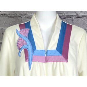 Vintage Vanity Fair Petites Womens Large 14 16 Ivory Housecoat Dress Floral Trim